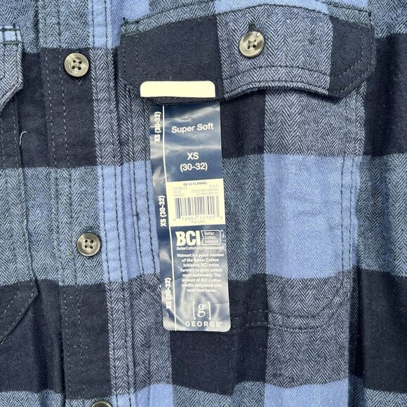 George Mens Button Down LS Super Soft Flannel Check Plaid Blue Black XS NWT - Picture 3 of 10
